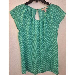 Banana Republic Green Irrregular Check Flutter Sleeve Top w/Cut out Size 8 EUC